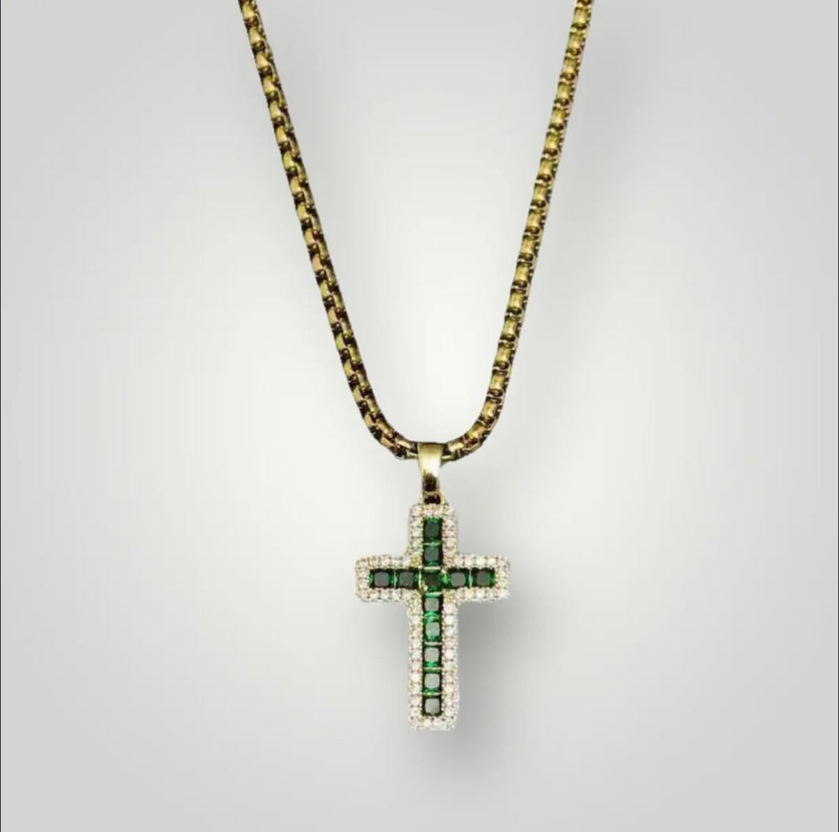 【Ice35】Iced Out Emerald Cross Necklace