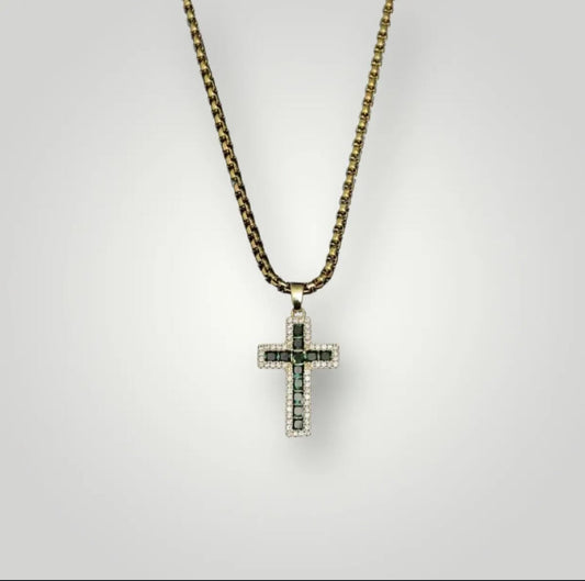 【Ice35】Iced Out Emerald Cross Necklace