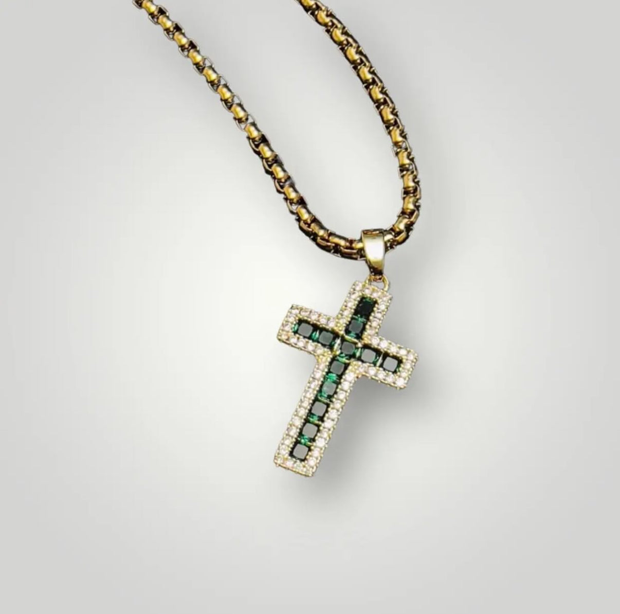 【Ice35】Iced Out Emerald Cross Necklace