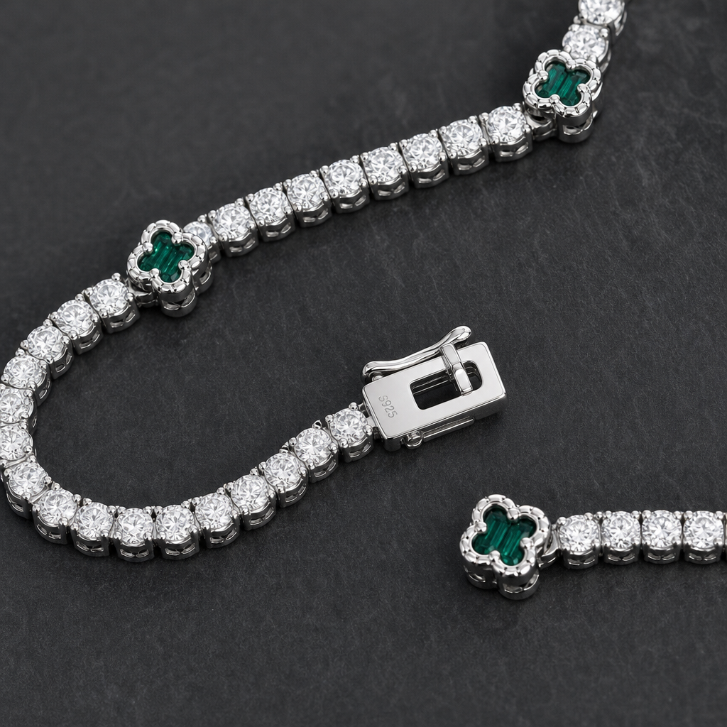 【Ice106】Clover Tennis Chain Necklace 石留め・留め具・細部が分かるディテール画像