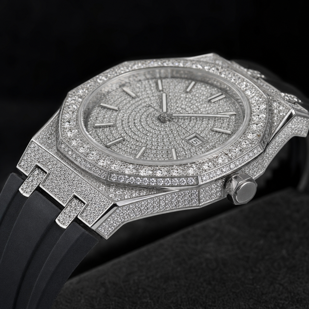 【Ice131】Royal Ice Diamond Watch【Moissanite/White Gold】 石留め・留め具・細部が分かるディテール画像