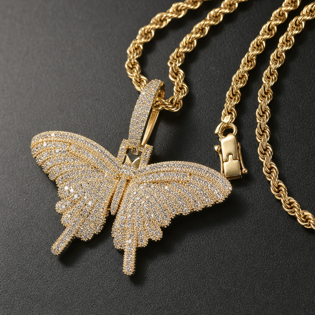 【Ice169】Iced Butterfly Top Necklace 石留め・留め具・細部が分かるディテール画像