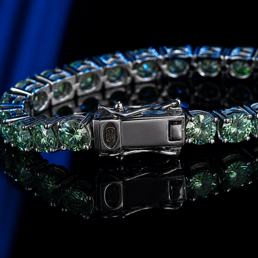 【Ice170】Green Moissanite Tennis Chain Bracelet 石留め・留め具・細部が分かるディテール画像