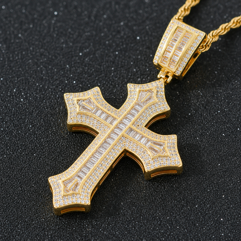 【Ice177】Box Line Cross Pendant 石留め・留め具・細部が分かるディテール画像