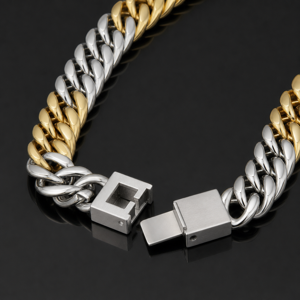 【Ice192】Dual Cuban Chain Necklace 石留め・留め具・細部が分かるディテール画像