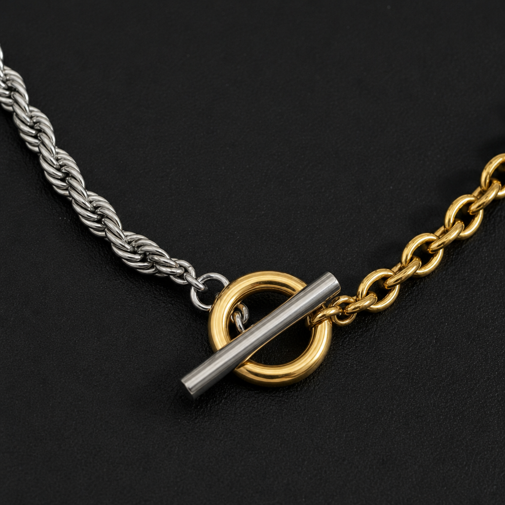 【Ice194】Bicolor Mantel Chain Necklace 石留め・留め具・細部が分かるディテール画像