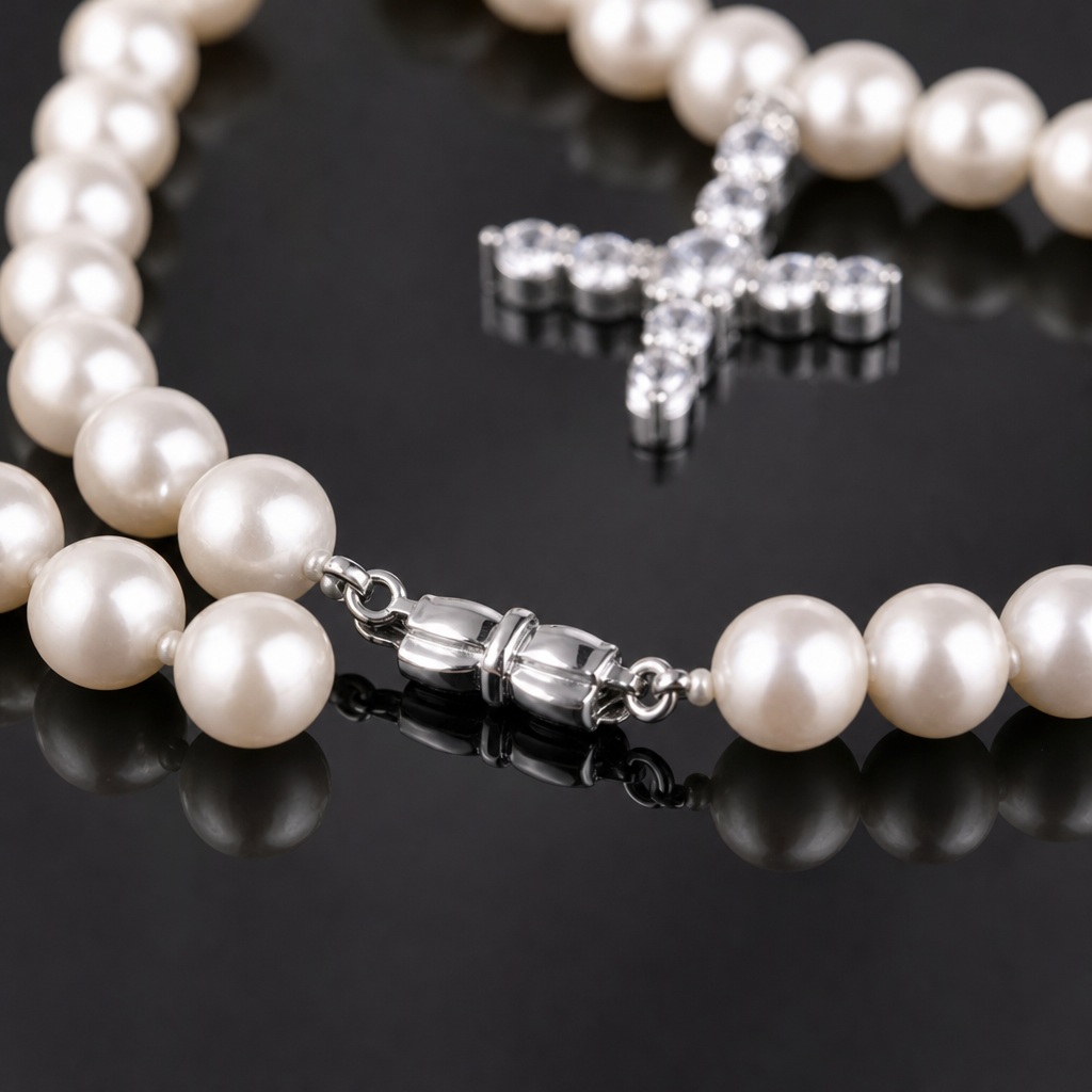 【Ice211】Ivory Cross Pearl Necklace 石留め・留め具・細部が分かるディテール画像