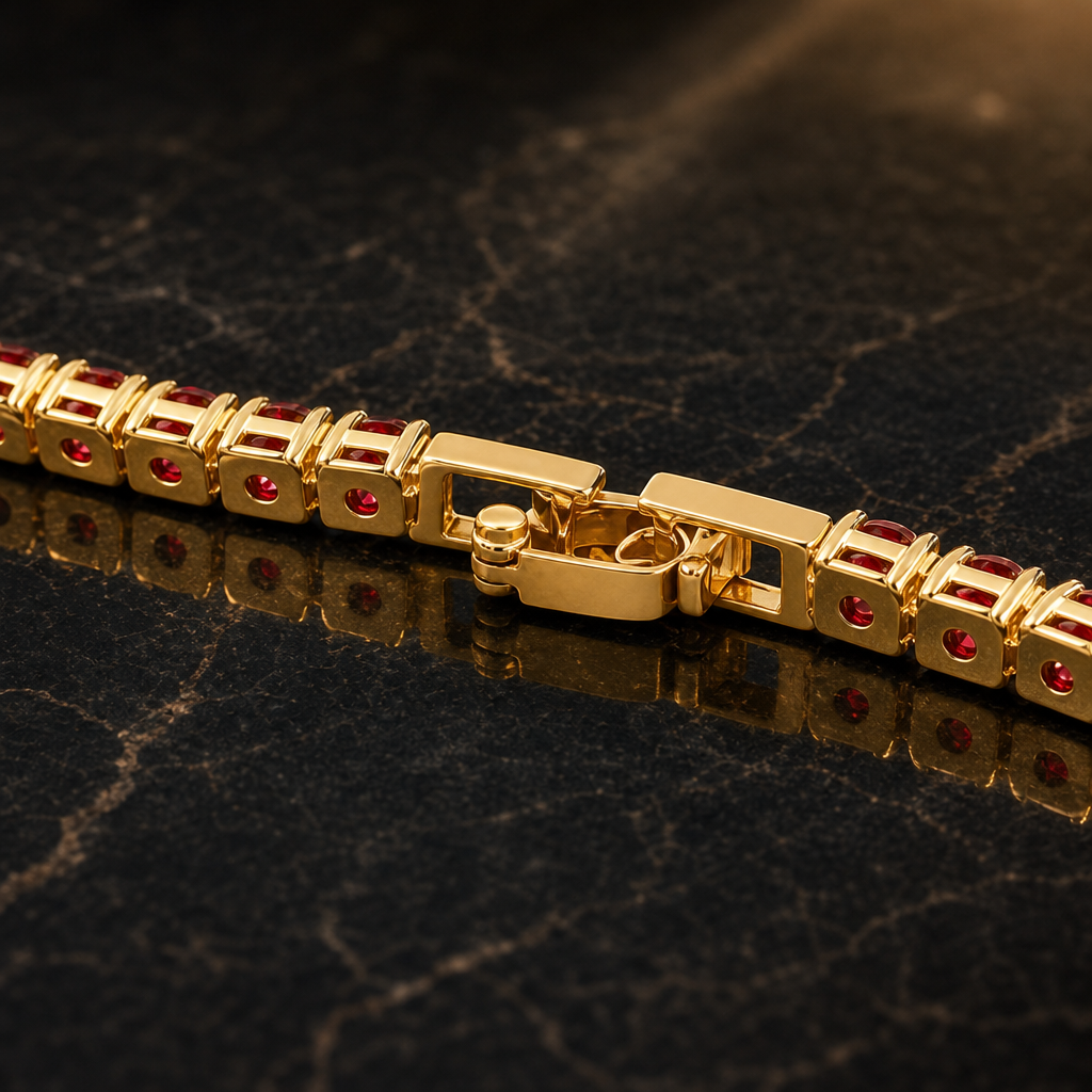【Ice220】Red Tennis Chain Bracelet 石留め・留め具・細部が分かるディテール画像