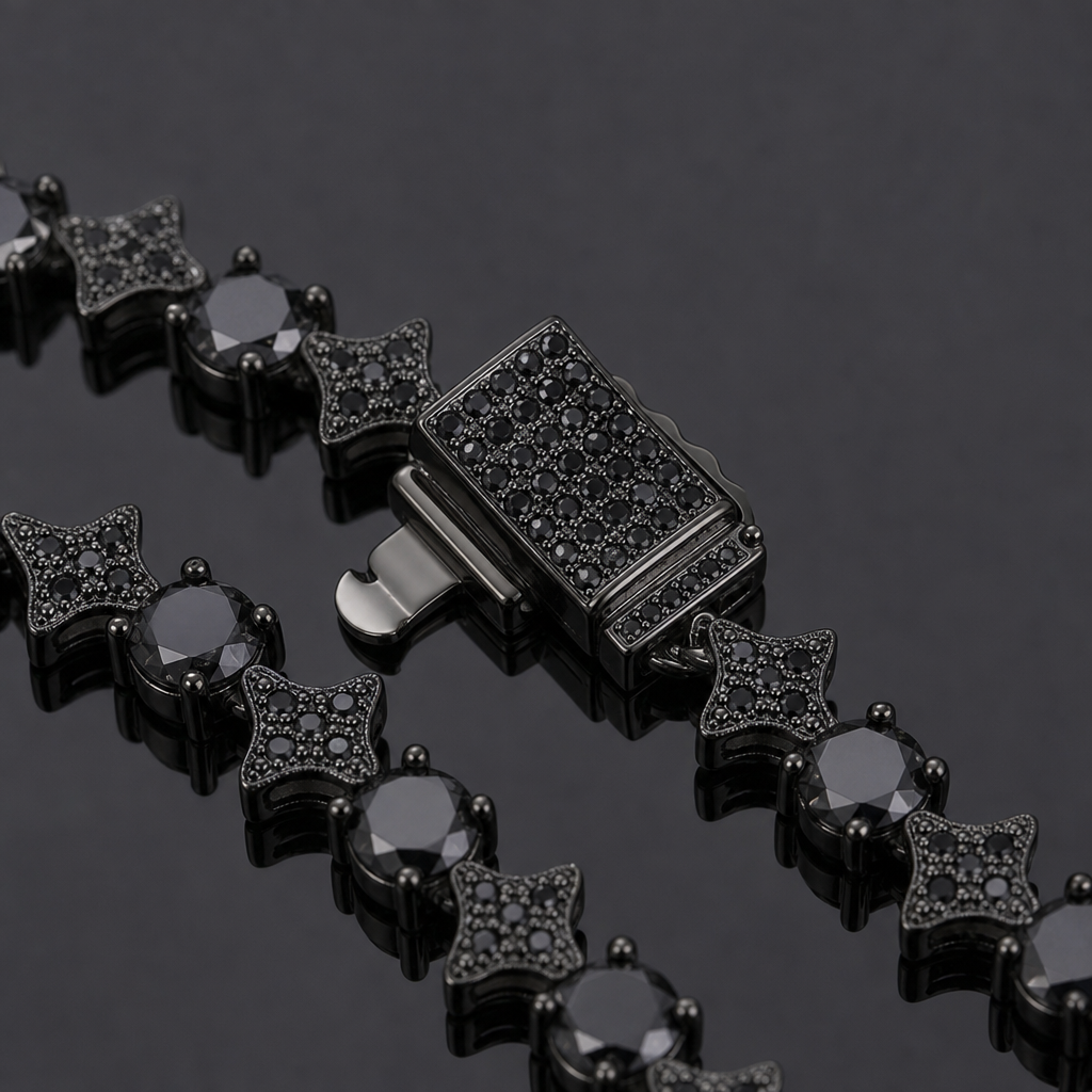 【Ice254】Black Starry Tennis Chain Necklace 石留め・留め具・細部が分かるディテール画像