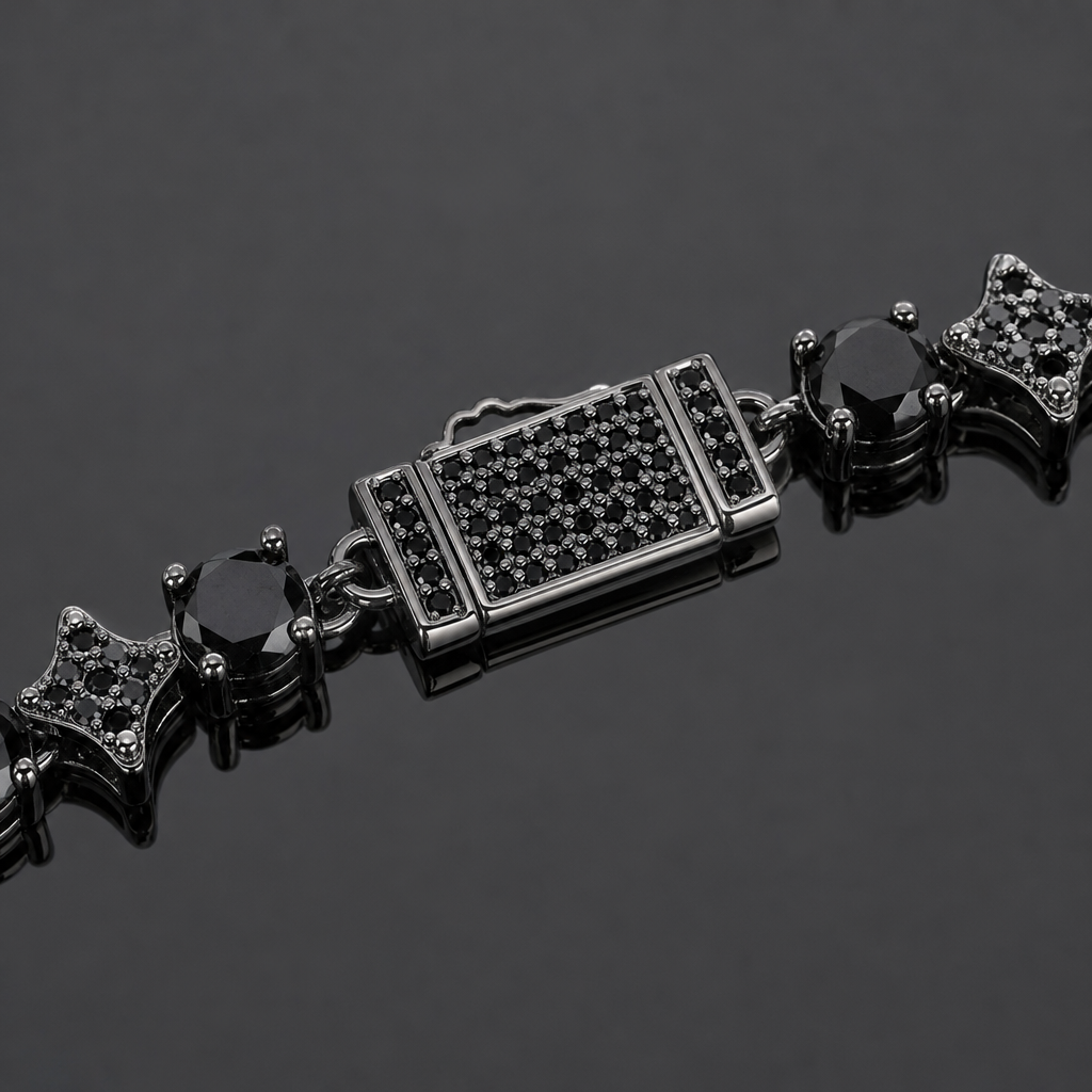 【Ice255】Black Starry Tennis Chain Bracelet 石留め・留め具・細部が分かるディテール画像