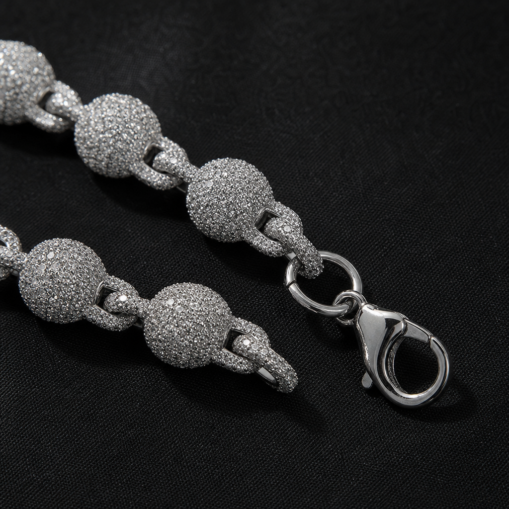 【Ice46】Iced Out Ball Chain Necklace 石留め・留め具・細部が分かるディテール画像