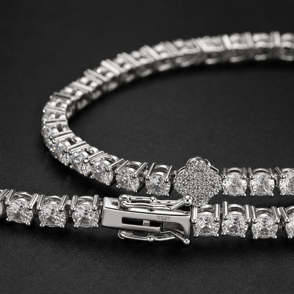 【Ice49】Iced Out Clover Tennis Bracelet 石留め・留め具・細部が分かるディテール画像