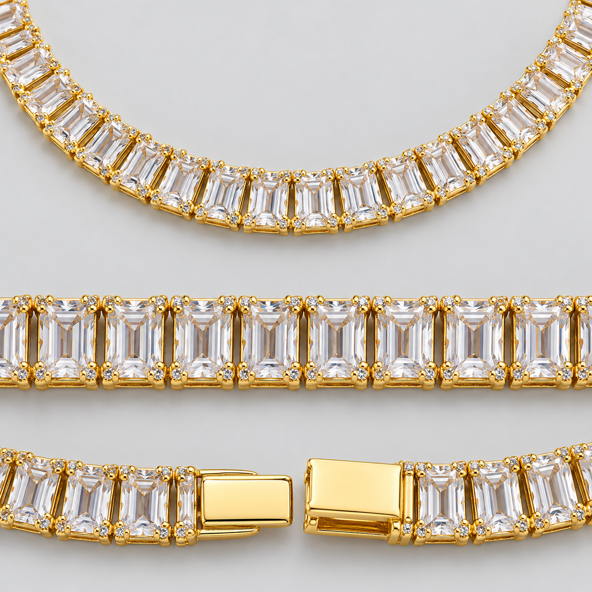 【Ice57】Baguette Tennis Chain Necklace 石留め・留め具・細部が分かるディテール画像