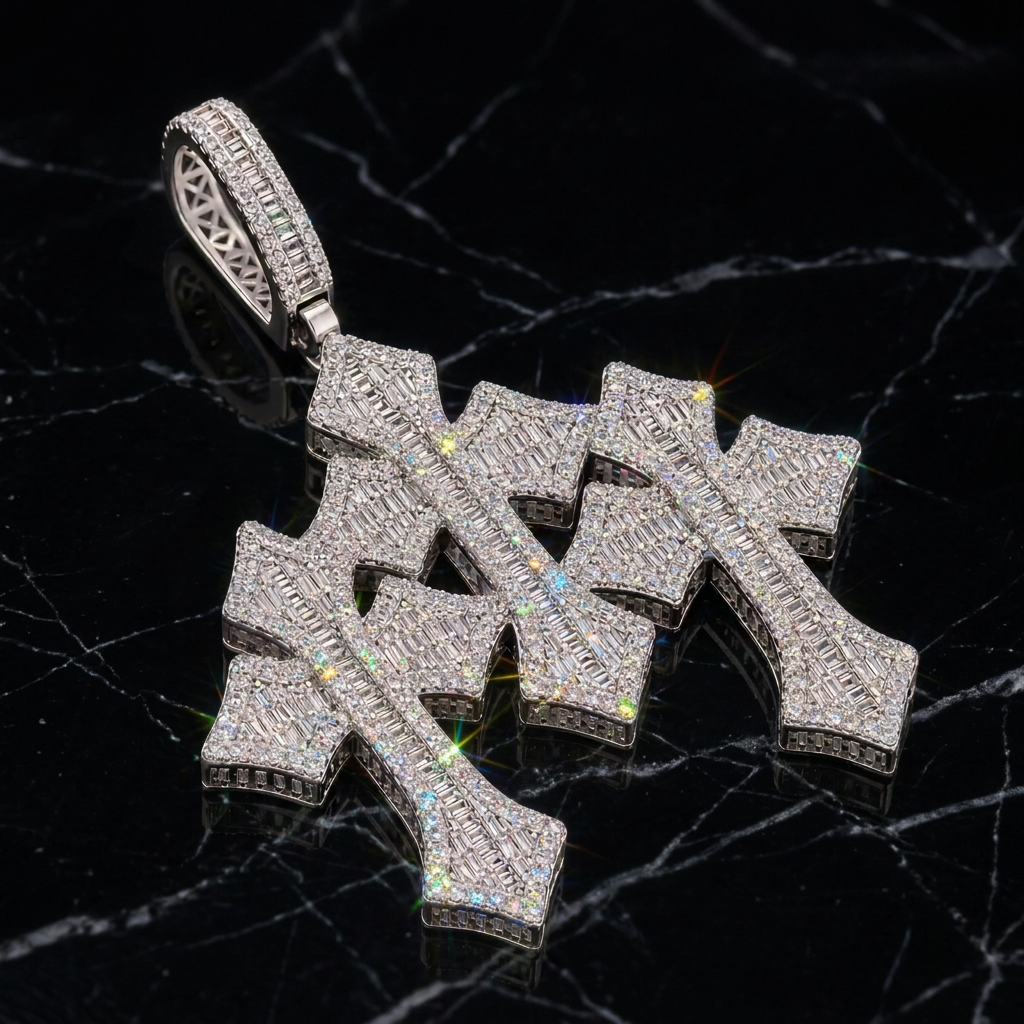【Ice59】Iced Out Triple Cross Pendant 石留め・留め具・細部が分かるディテール画像