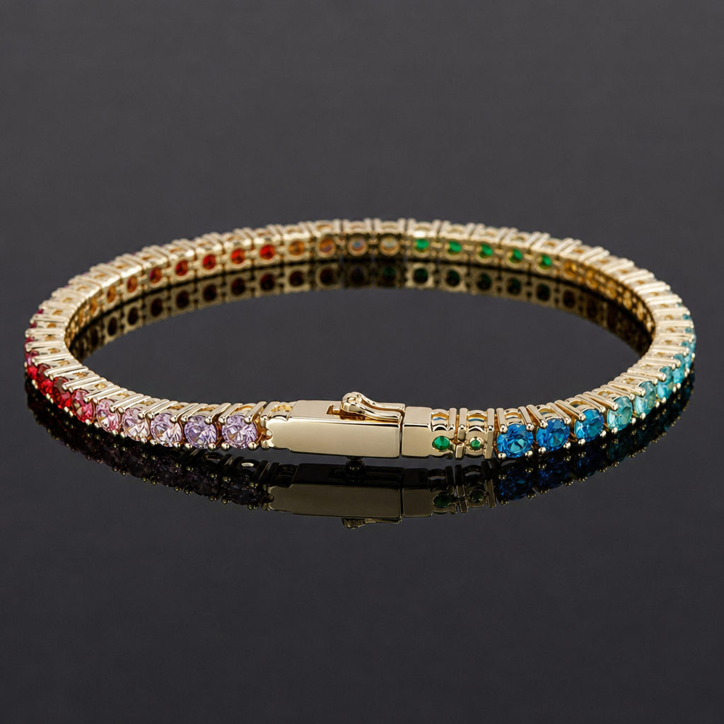 【Ice60】Rainbow Tennis Chain Bracelet(3mm) 石留め・留め具・細部が分かるディテール画像