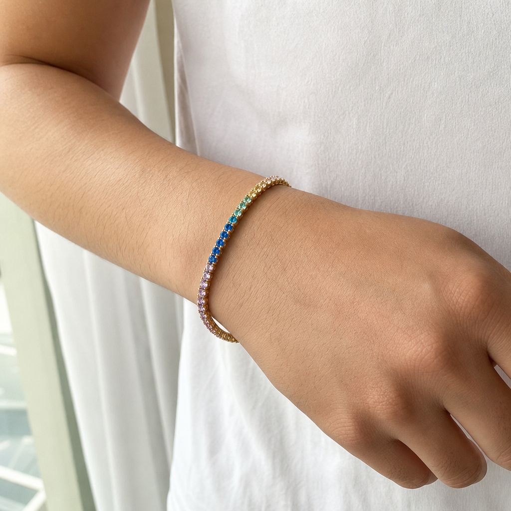 【Ice60】Rainbow Tennis Chain Bracelet(3mm)を着用した自然なUGC画像