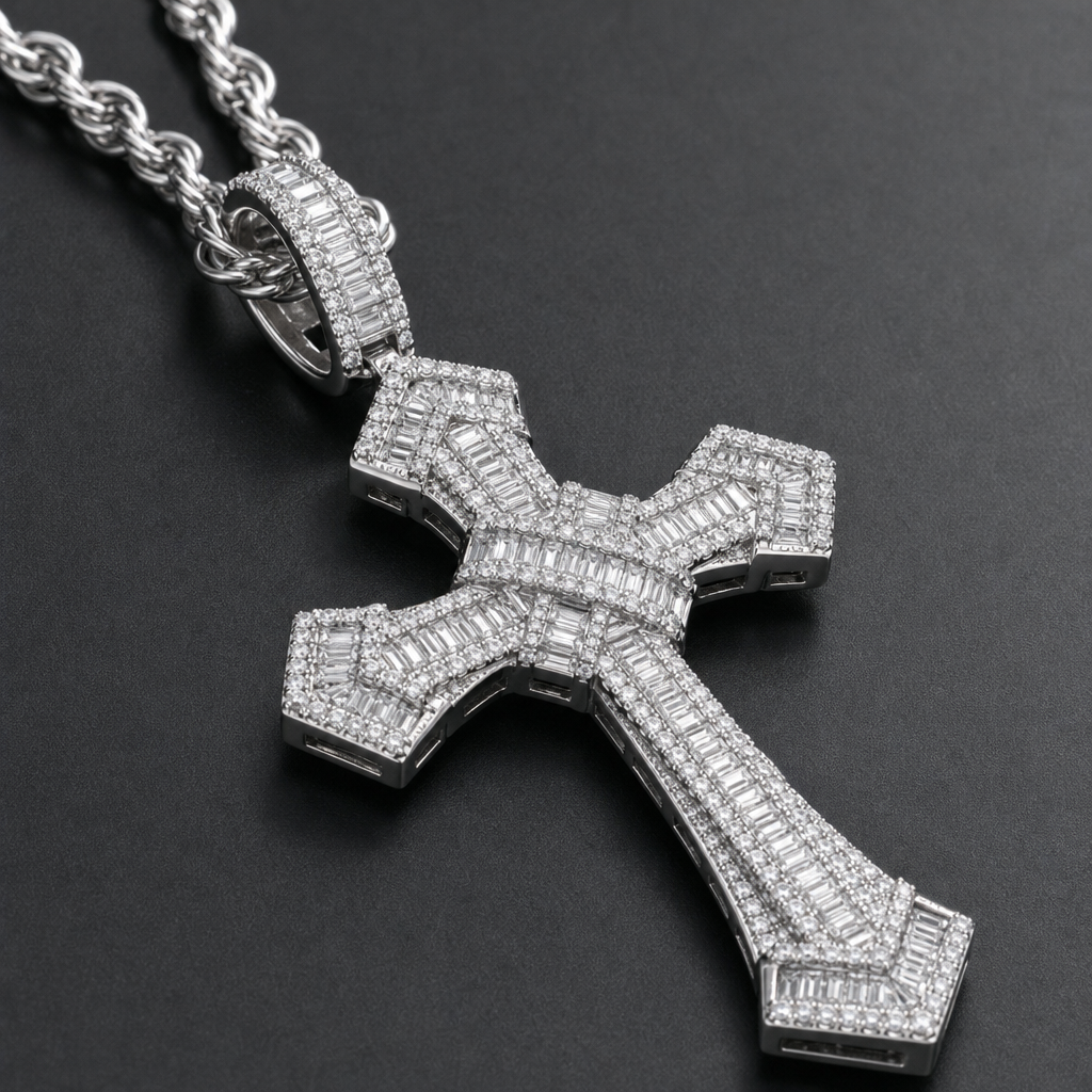 【Ice61】Cross Pendant【Moissanite】 石留め・留め具・細部が分かるディテール画像