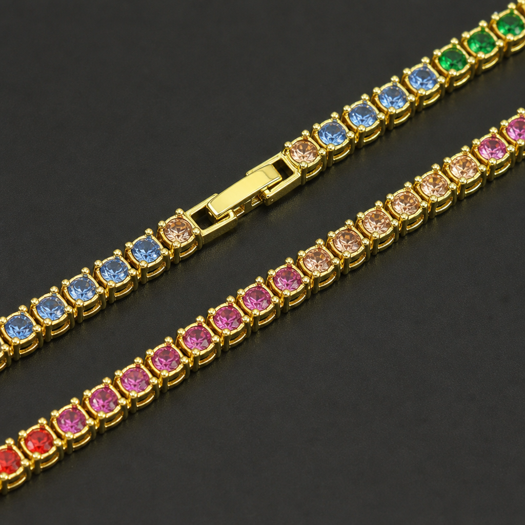 【Ice61】Rainbow Tennis Chain Necklace(5mm) 石留め・留め具・細部が分かるディテール画像
