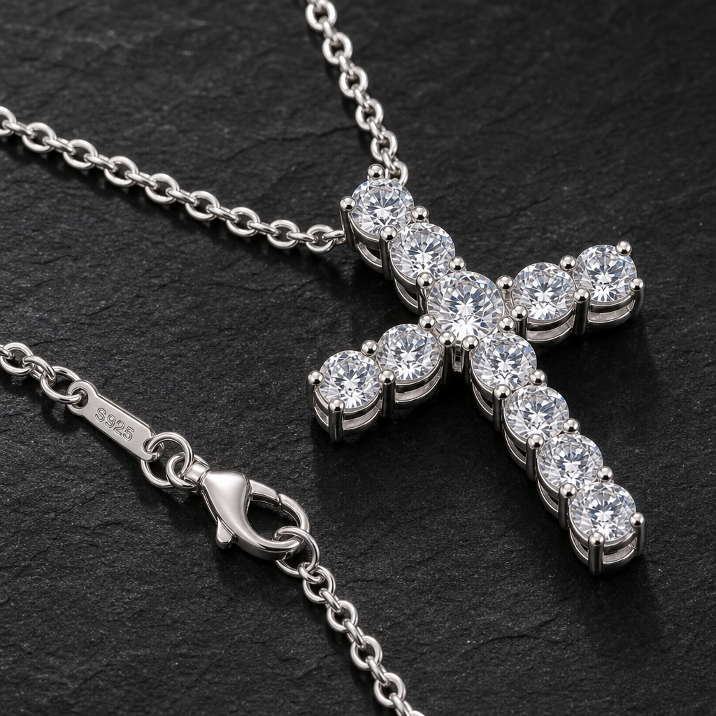 【Ice73】Cross Necklace【Moissanite】 石留め・留め具・細部が分かるディテール画像