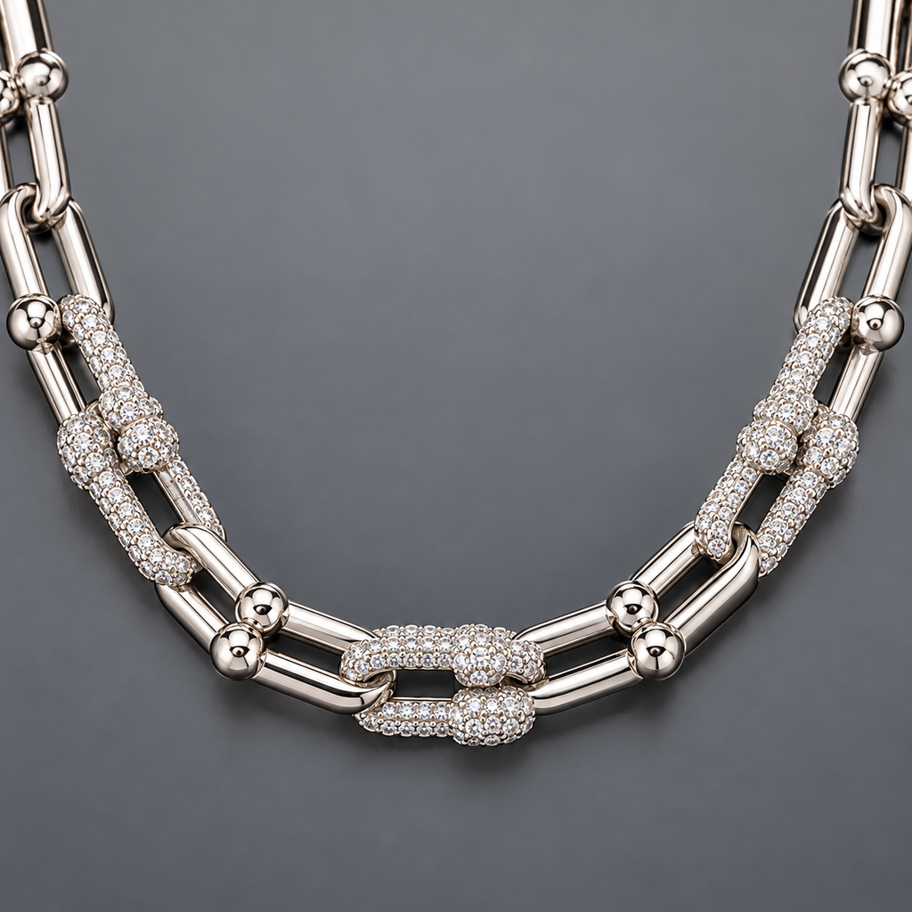 ICE88 Luxury Link Necklaceの拡大。球状のピンと3か所のパヴェU字リンク