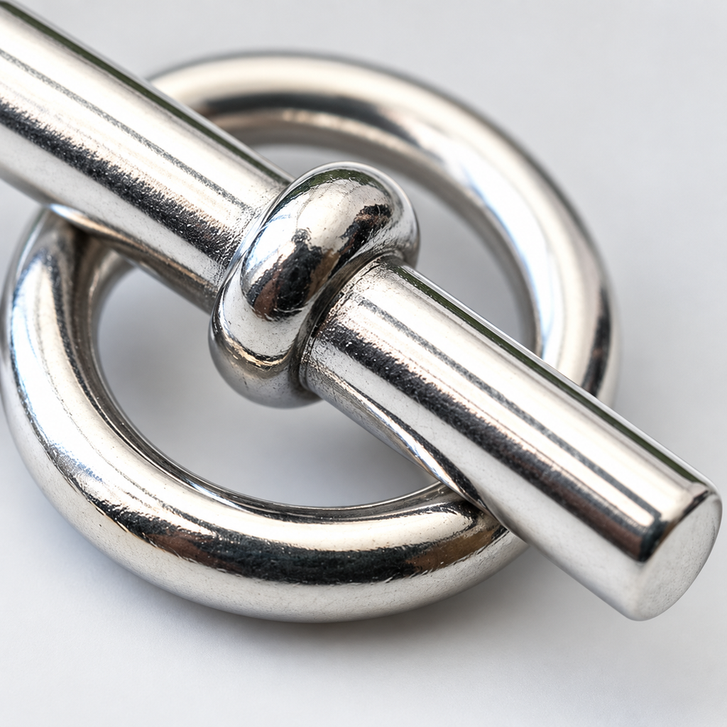 Ice01 Anchor Chain Braceletの留め具の拡大。シルバーカラーの円形リングと中央の輪が付いたTバー