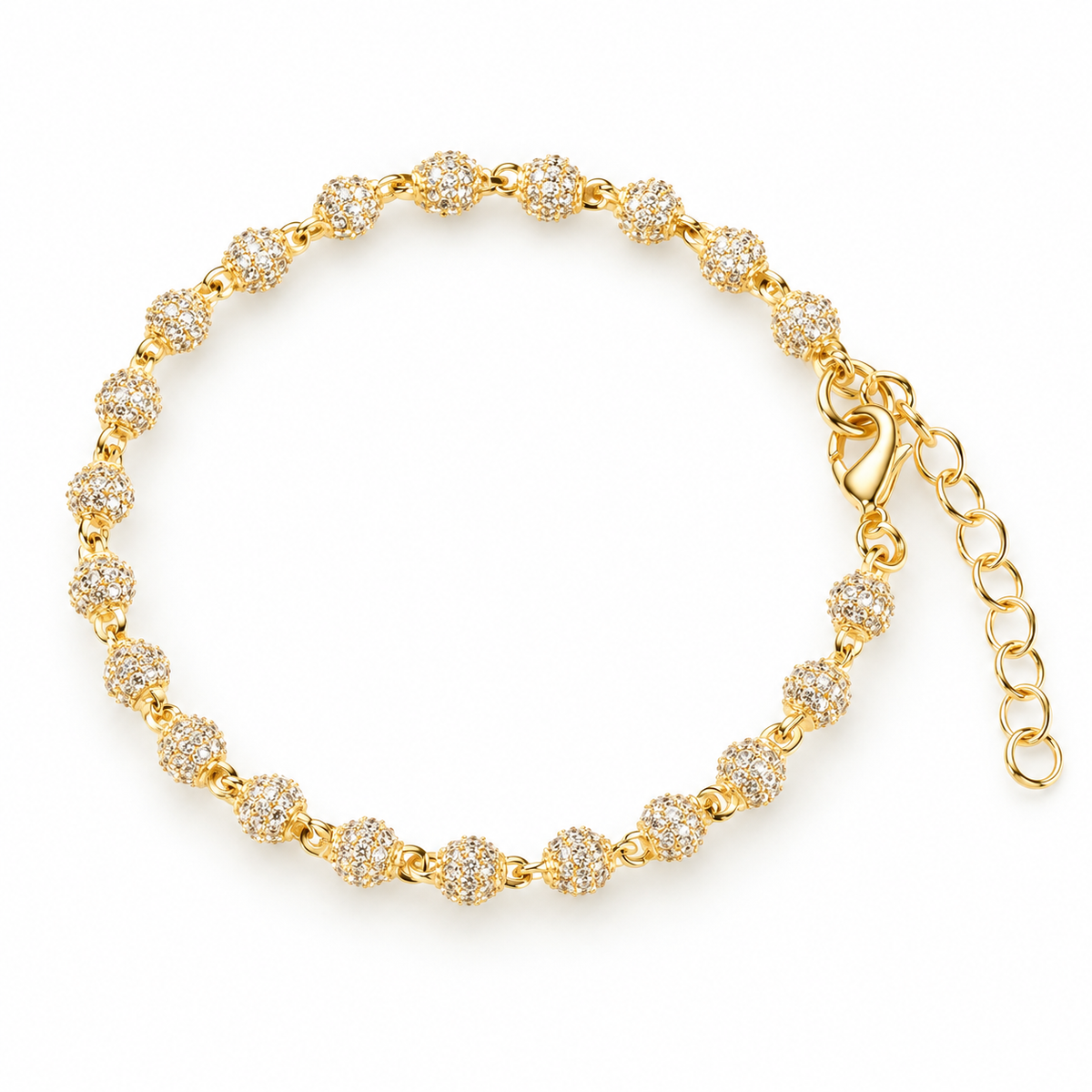 Ice05 Iced Out Ball Chain Braceletの全体。ゴールドカラーのCZパヴェ球状モチーフ、連結環、ロブスタークラスプ、アジャスター