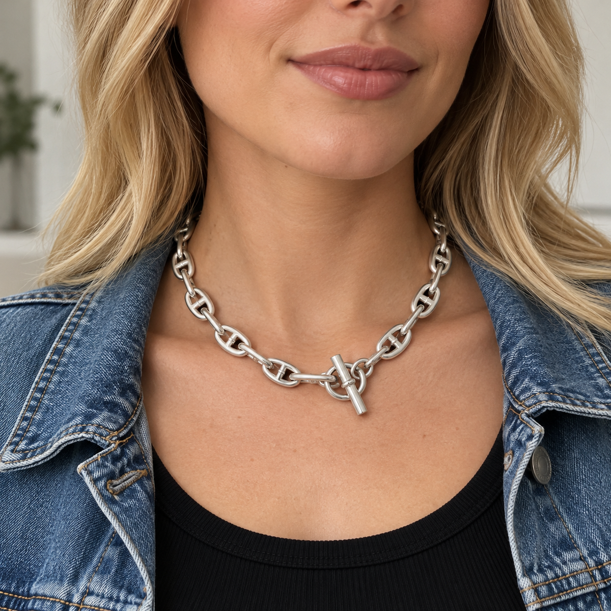 Ice06 Anchor Chain Necklaceの着用イメージ。女性がデニムジャケットと黒いトップスにシルバーカラーのネックレスを着用