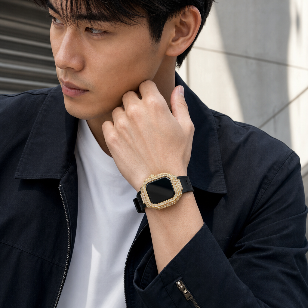 Ice10 Iced Out Apple Watch Case ゴールド×ブラックを着用したアジア系男性