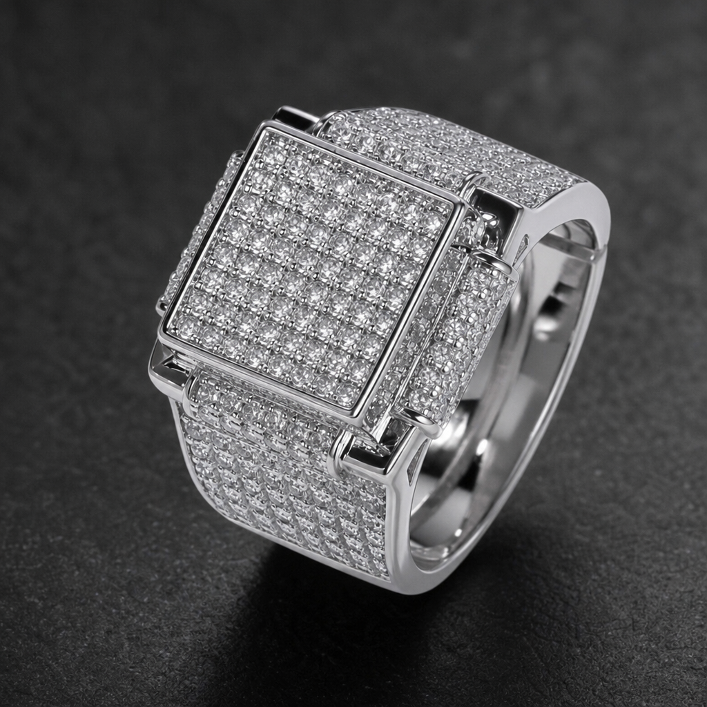 Ice12 Bling Iced Out Ring シルバーの正方形フェイスとCZ石留めディテール